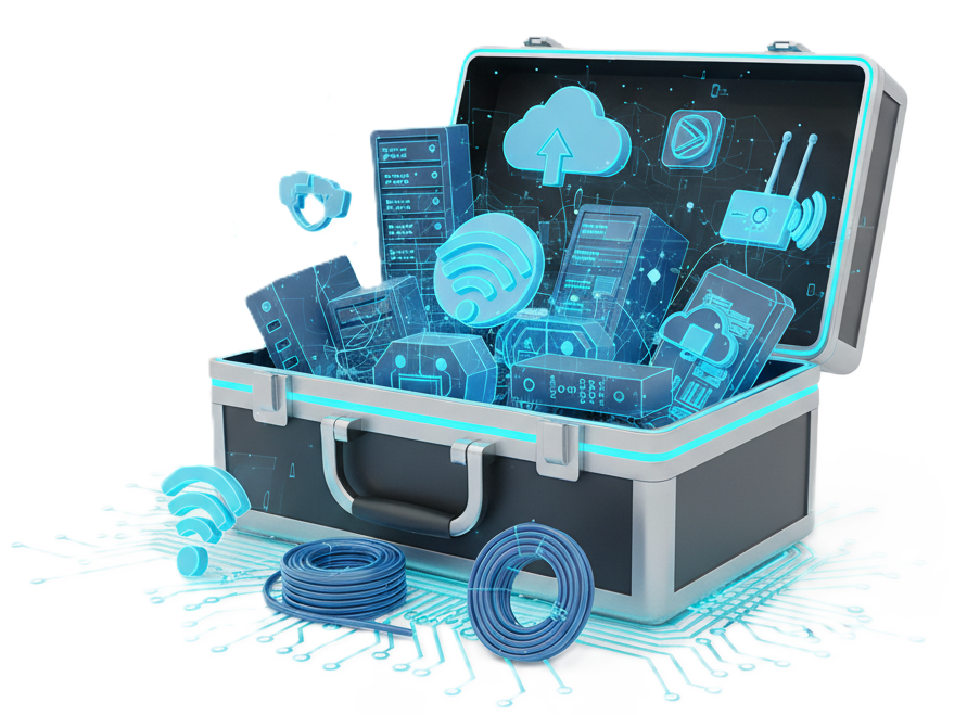 image of a toolbox filled with icons representing Alphabyte's complete network infrastructure services, including Wi-Fi, cabling, servers, and cloud connectivity.